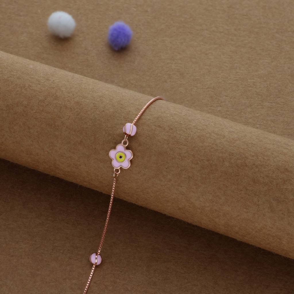 Cute Floral Glow Rose Gold Polish Kid Silver Bracelet ( 1-7 Yrs) | 925 Hallmark | Adjustable : KB-BR-RG-U-114-S