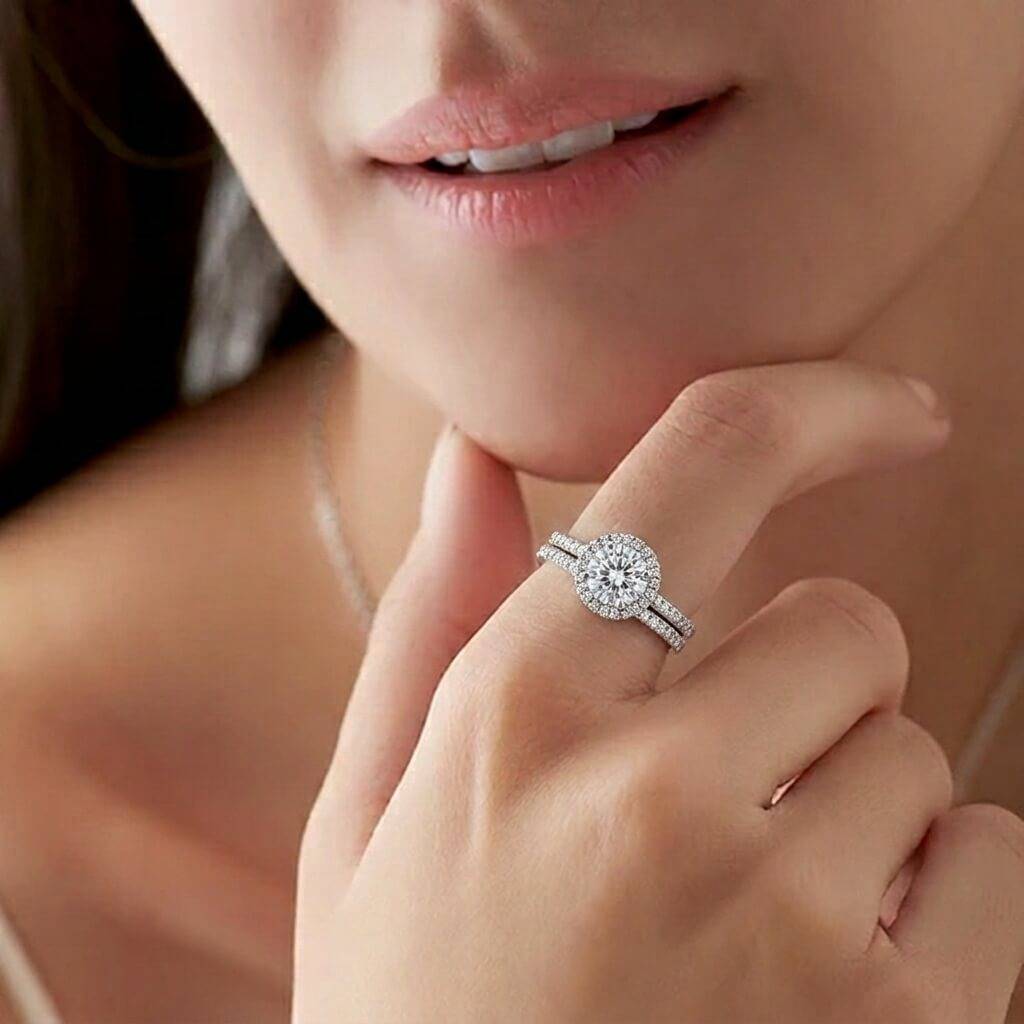 Round Halo & Double Pavé Stacking Ring Set (925 Silver) : SR011
