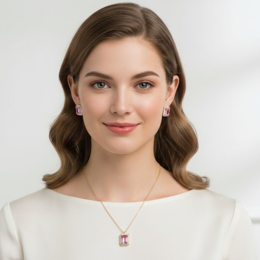 Royal Pink Square Diamond Necklace For Women | Elegant Pink Crystal Square Pendant Jewellery : 5979558320