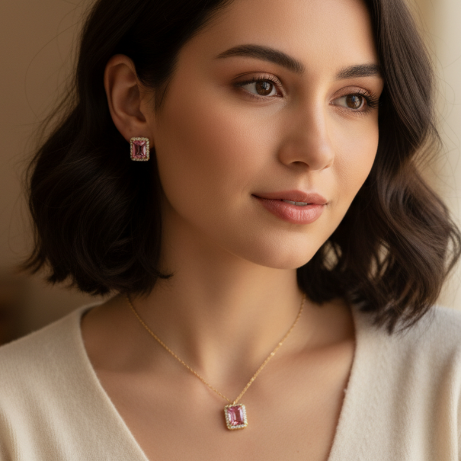 Royal Pink Square Diamond Necklace For Women | Elegant Pink Crystal Square Pendant Jewellery : 5979558320