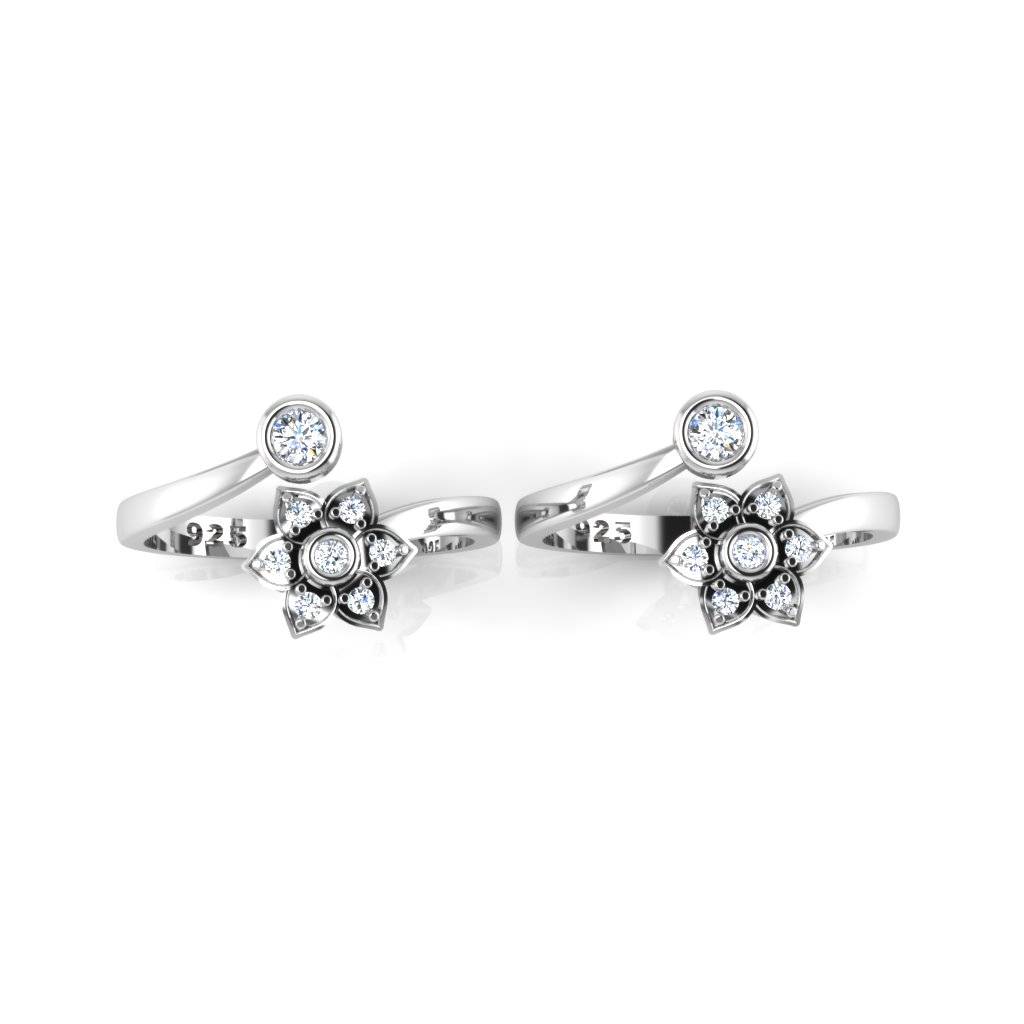 Iski Uski 925 Sterling Silver Flower Cz Toe Rings
