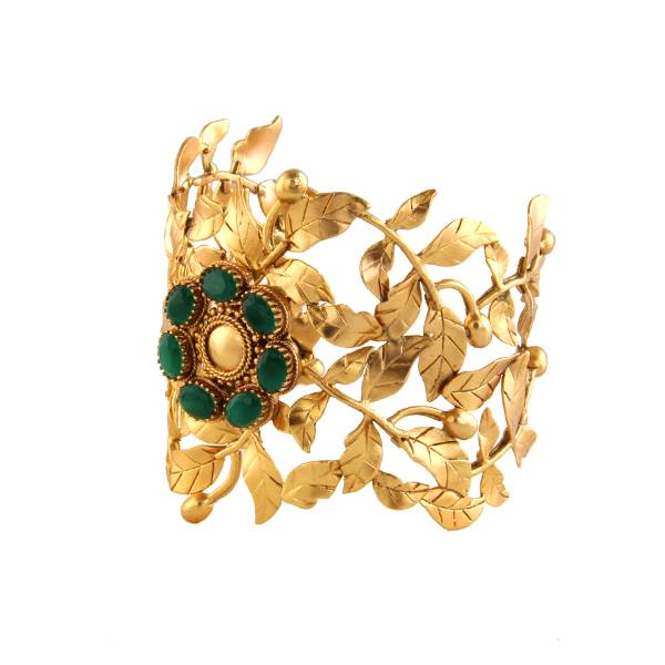 Gold Broad Rose Vine Cuff With Green Crystals : S2206