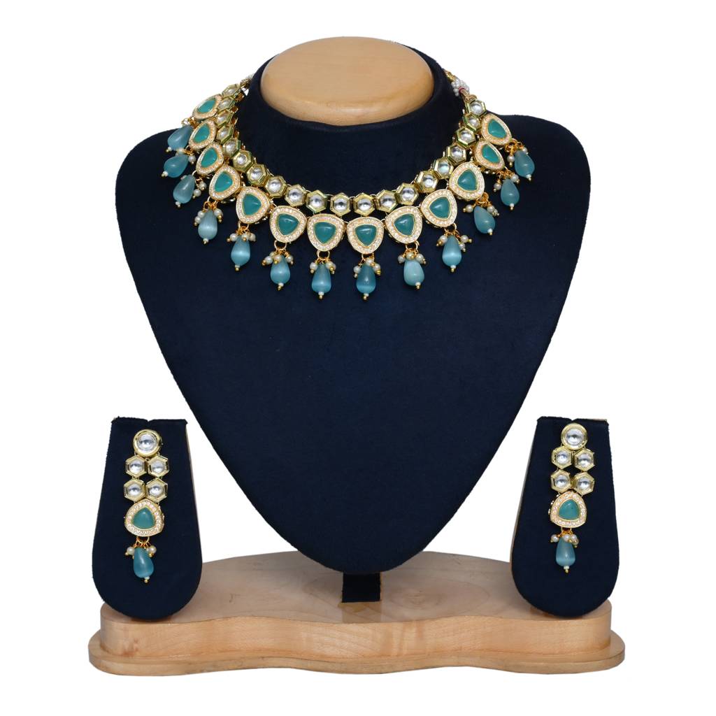 Gold Plated Kundan Necklace Set With Blue Stones : S23MRNKSM62TUR