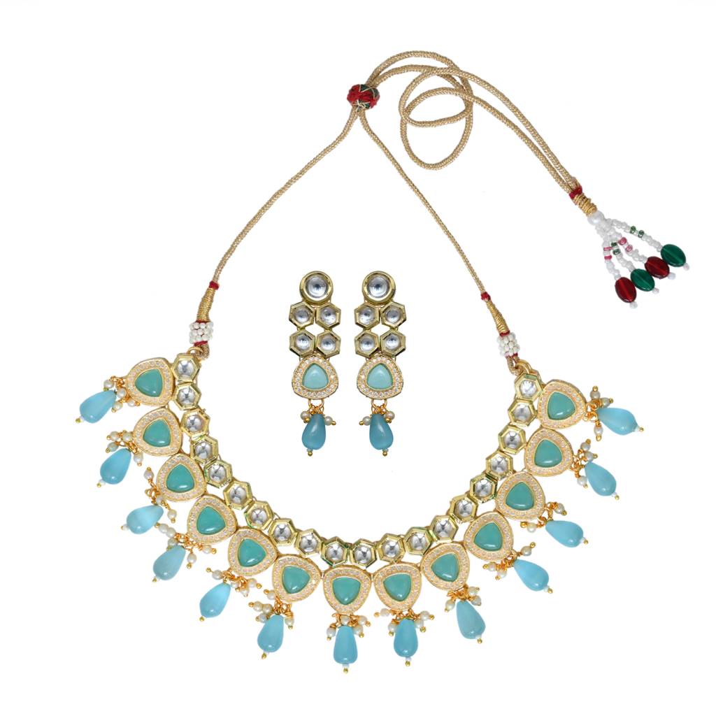 Gold Plated Kundan Necklace Set With Blue Stones : S23MRNKSM62TUR