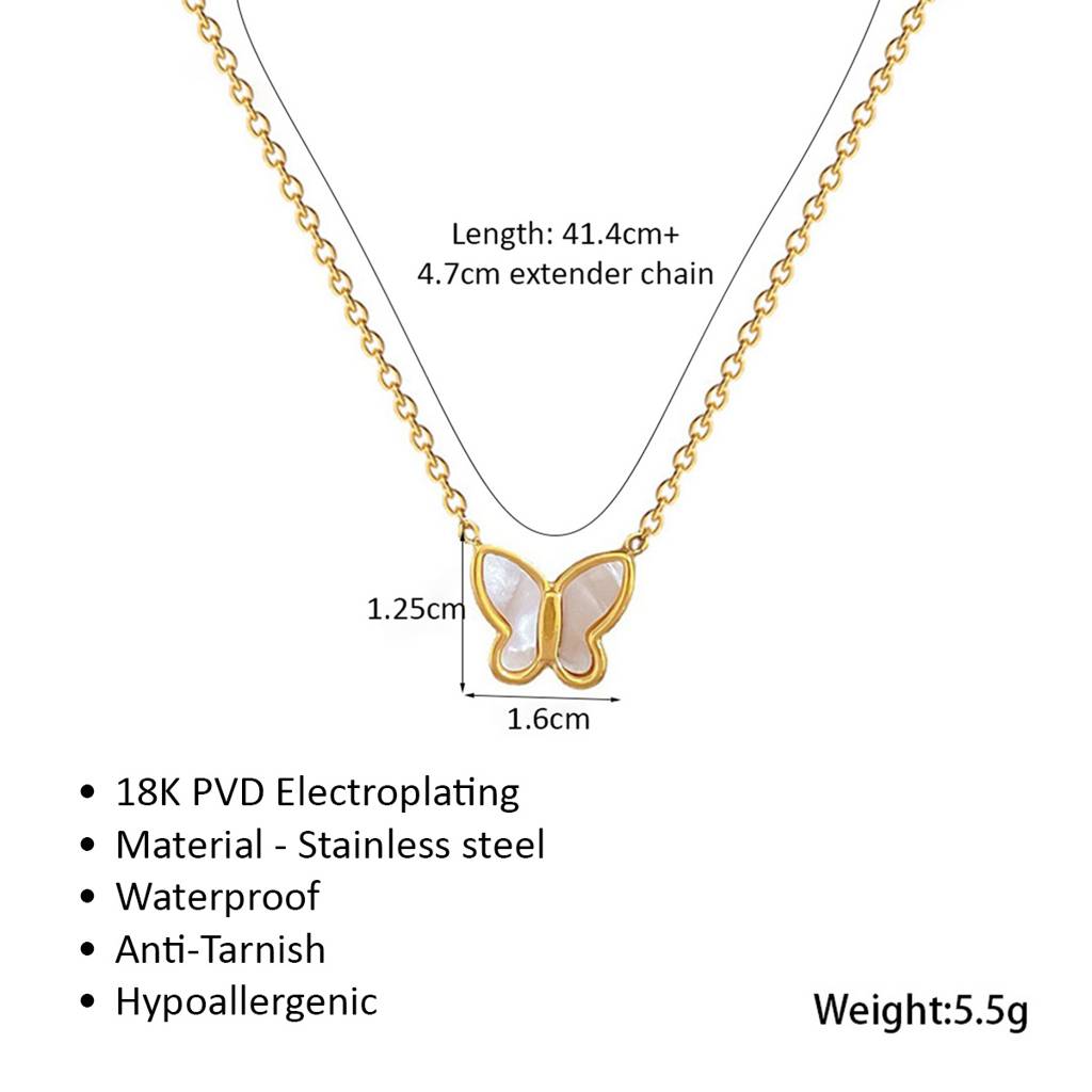 18K Gold Plated Waterproof Antitarnish White Shell Butterfly Pendant Necklace : ANX0125PN213