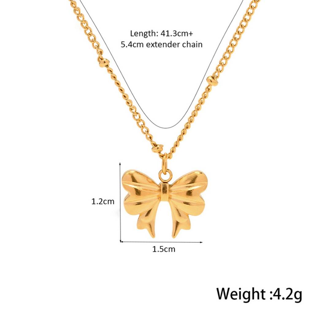 18K Gold Plated Waterproof Anti-Tarnish Ribbon Bow Pendant And Studs Set : ANX0125PS215C