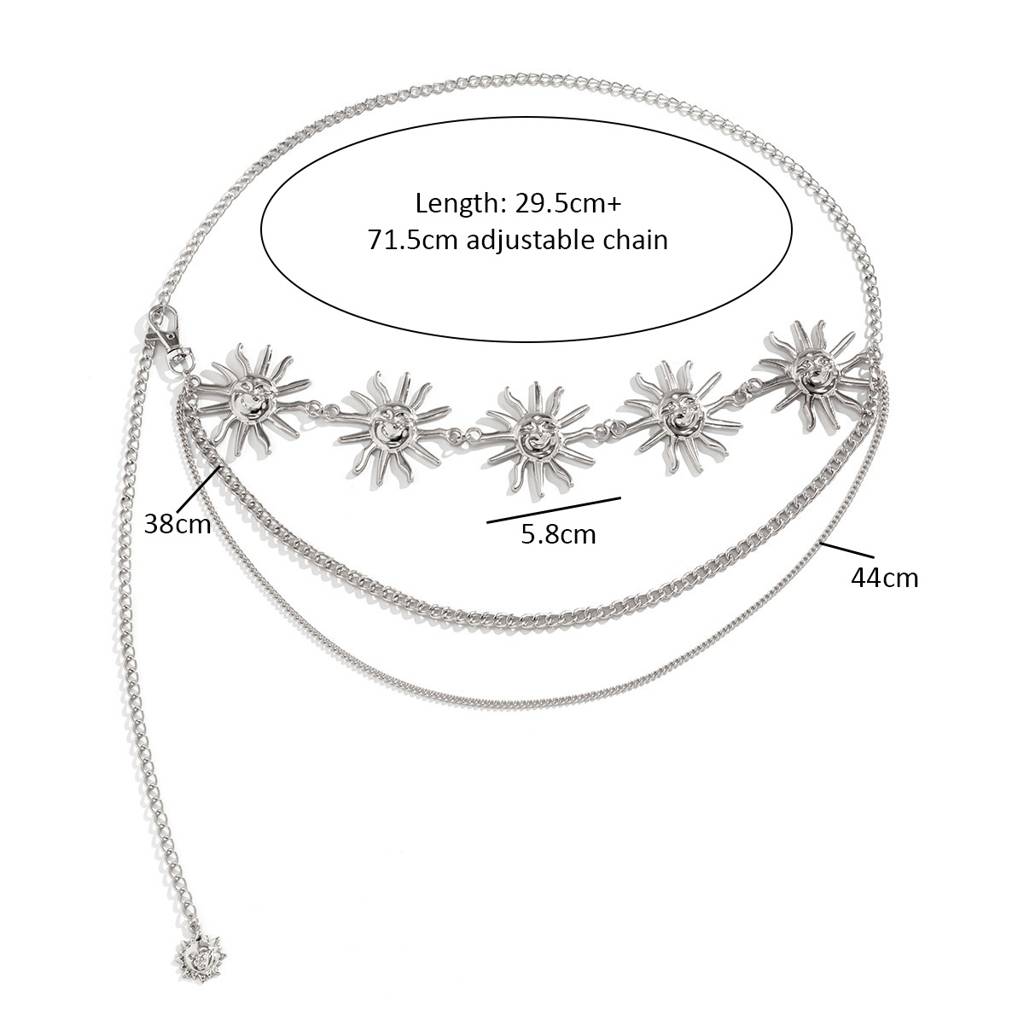 Boho Style Silver Plated Smiling Sun Layered Waist Chain : AMU0125WC492S