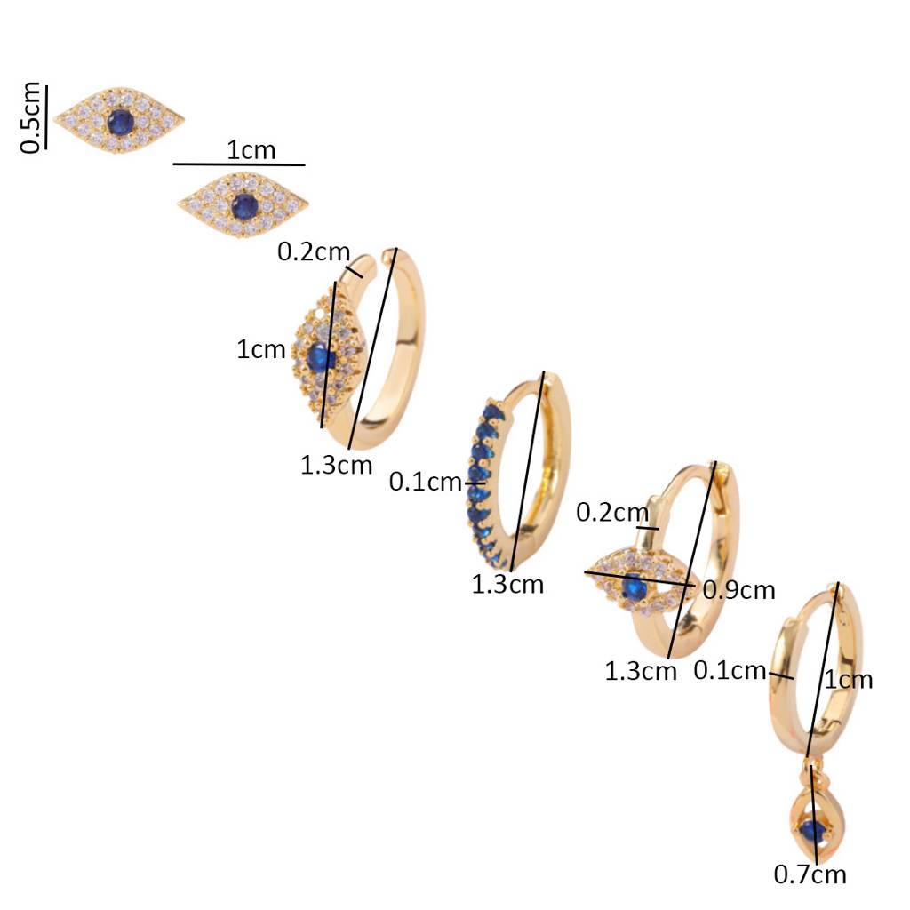 Set Of 6 18K Plated Antitarnish Evil Eye Zircon Earring Set For Single Ear Only : AWU0125E054BL