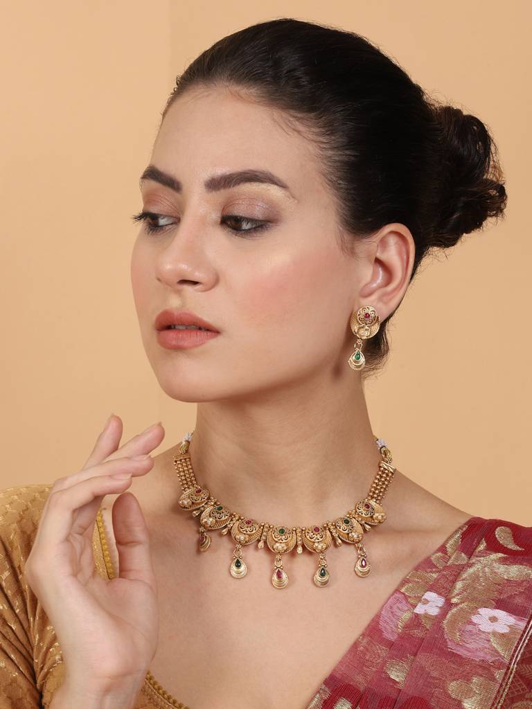 Gold Plated Kempu Hydra Rajwadi Necklace Set Gold Plated Kempu