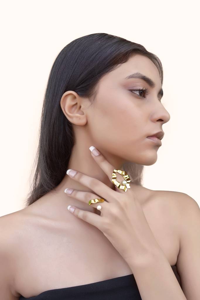 Pearl 18Kt Gold Plated Climber Ring : SARIYG60