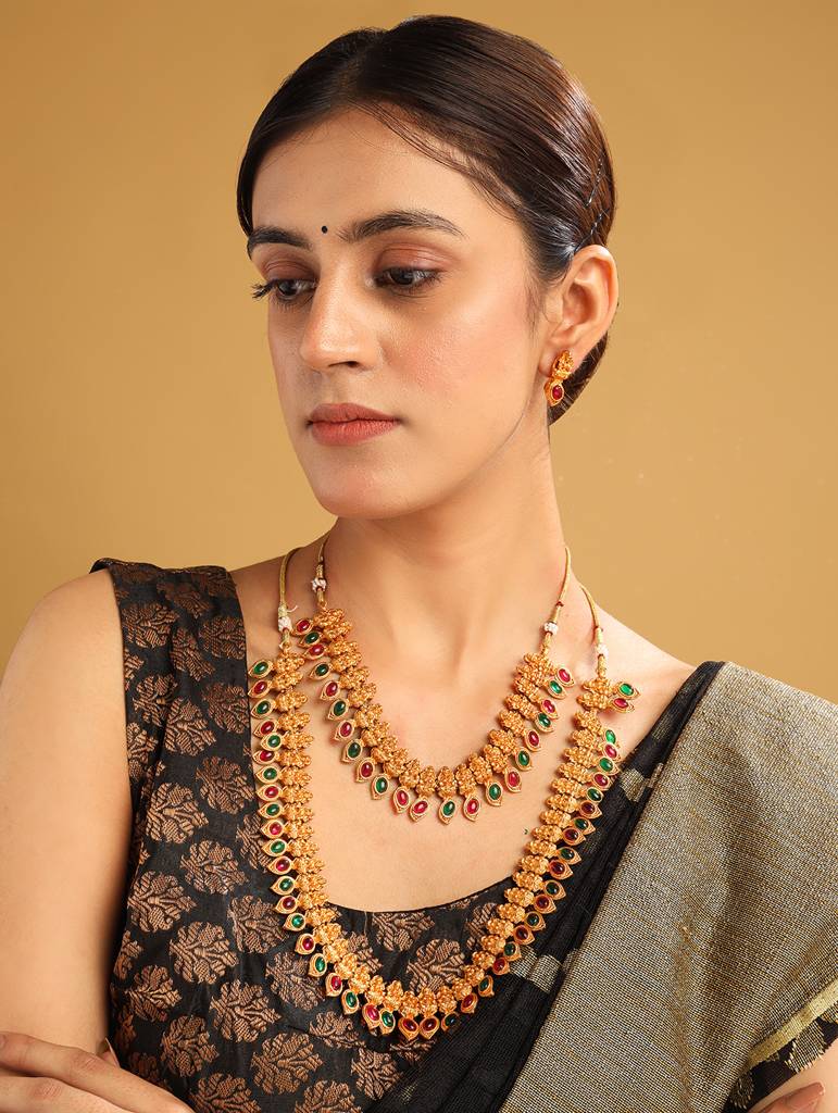 Gold Plated Double Line Mano Patti Combo Jewellery Set : SATJS209