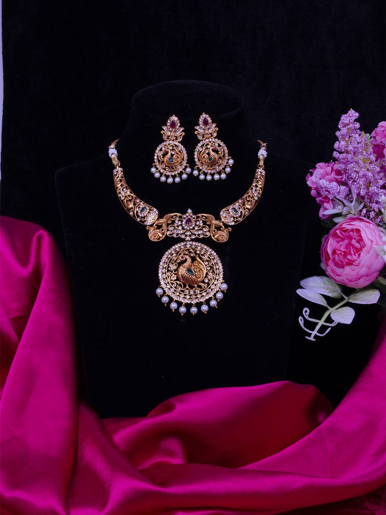 Gold Plated Peacock Necklace Set : SATJS215