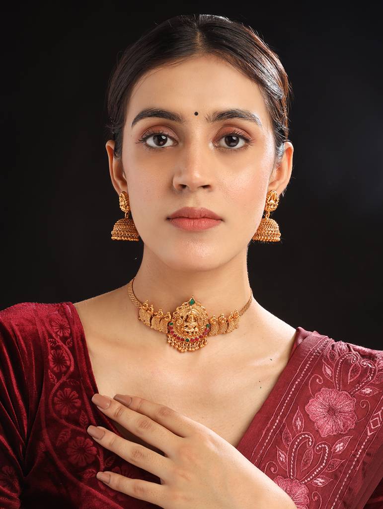 Gold-Plated Stones-Studded Beaded Temple Jewellery Set : SATJS241
