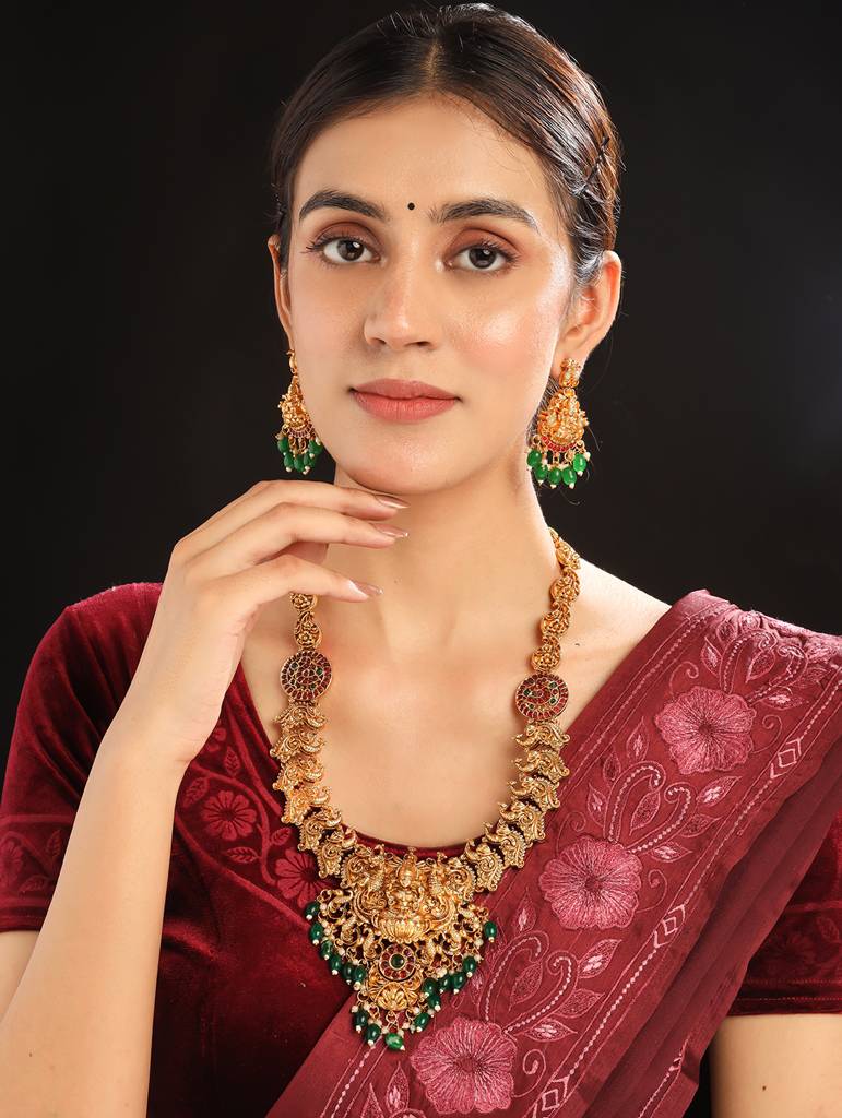 Exquisite Beads Temple Goddess Long Necklace Set : SATJS274Green