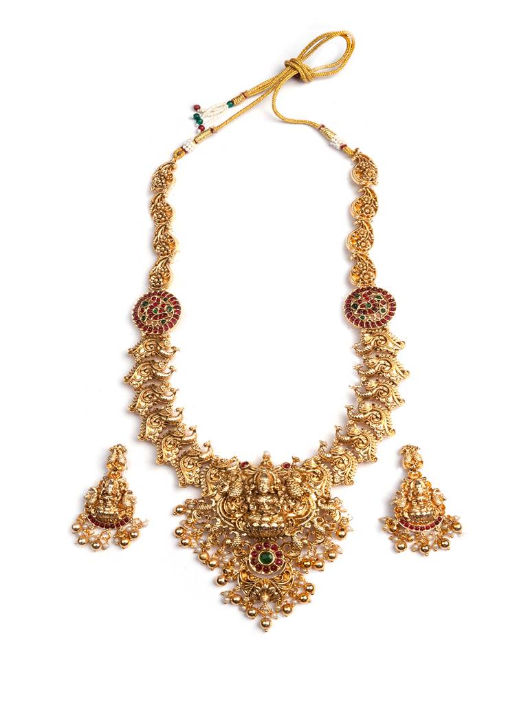 Exquisite Beads Temple Goddess Long Necklace Set : SATJS274GOLD