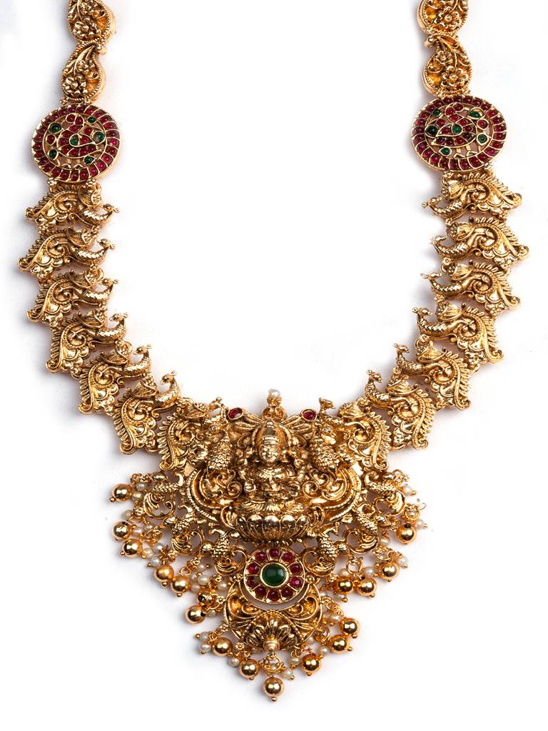 Exquisite Beads Temple Goddess Long Necklace Set : SATJS274GOLD