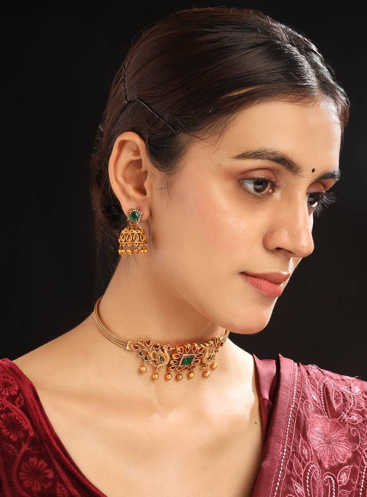 Ruby Green Kemp Peacock Choker Set : SATJS291