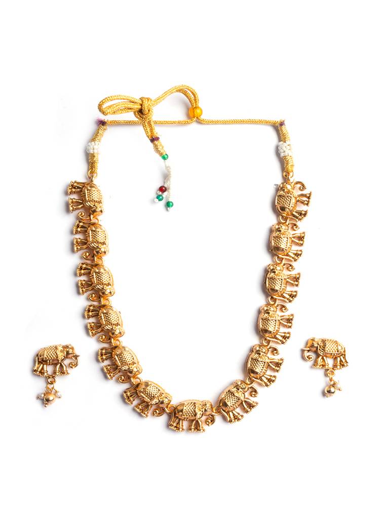 Ethnic Gold Plated Elephant Motif Necklace Set : SATJS336