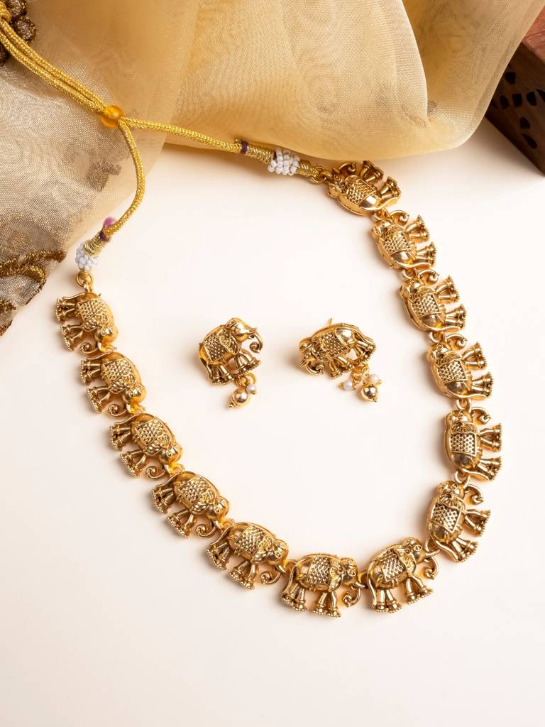 Ethnic Gold Plated Elephant Motif Necklace Set : SATJS336