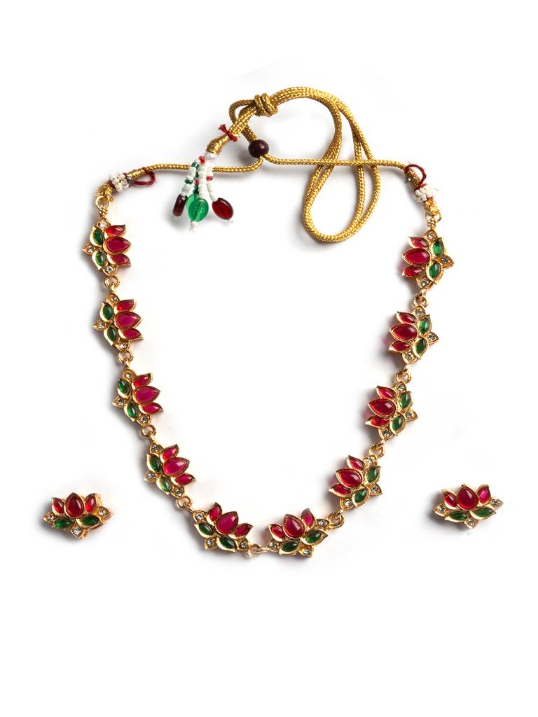 Ruby Green Kemp Stones Studded Lotus Necklace Set : SATJS342