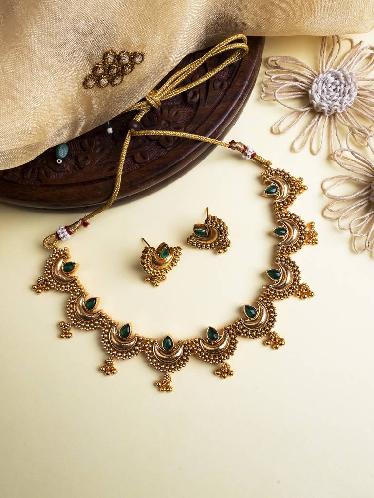 Gold Finish Half Moon Shape Necklace Set : SATJS347Green