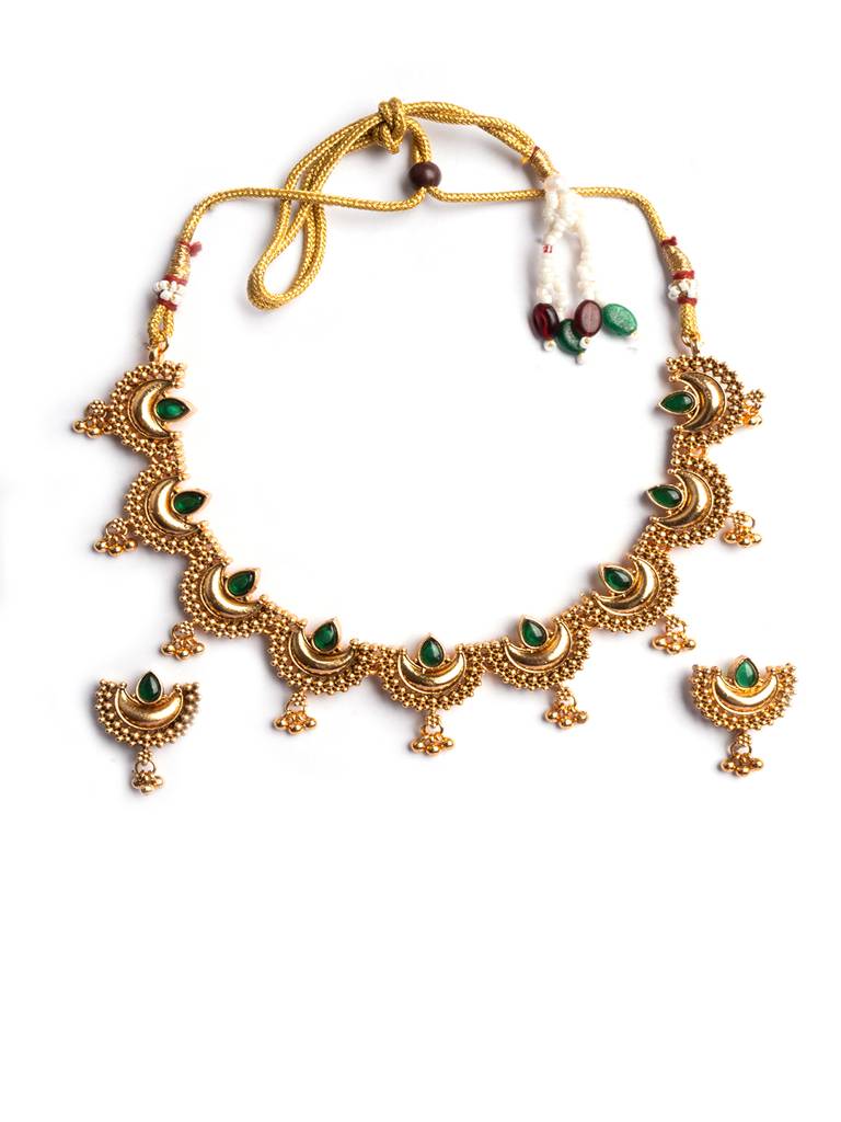 Gold Finish Half Moon Shape Necklace Set : SATJS347Green
