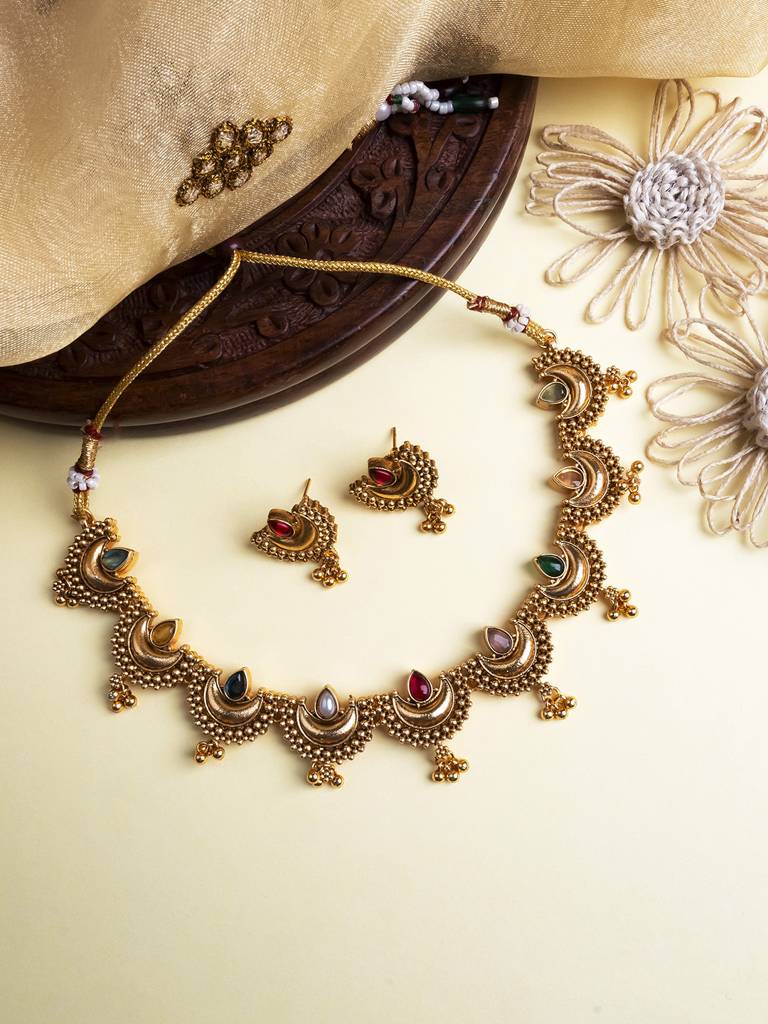 Gold Finish Half Moon Shape Necklace Set : SATJS347Multi