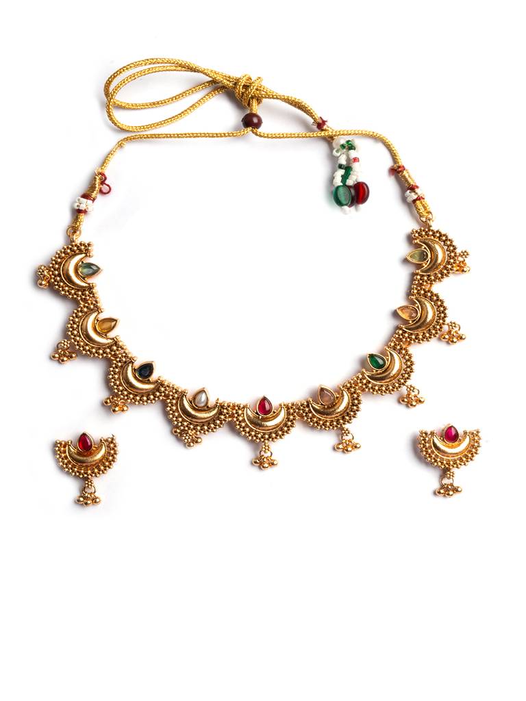 Gold Finish Half Moon Shape Necklace Set : SATJS347Multi