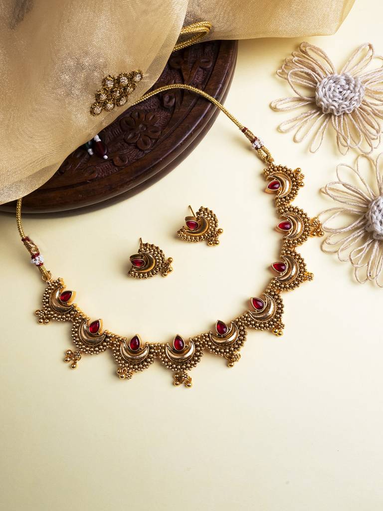 Gold Finish Half Moon Shape Necklace Set : SATJS347Red