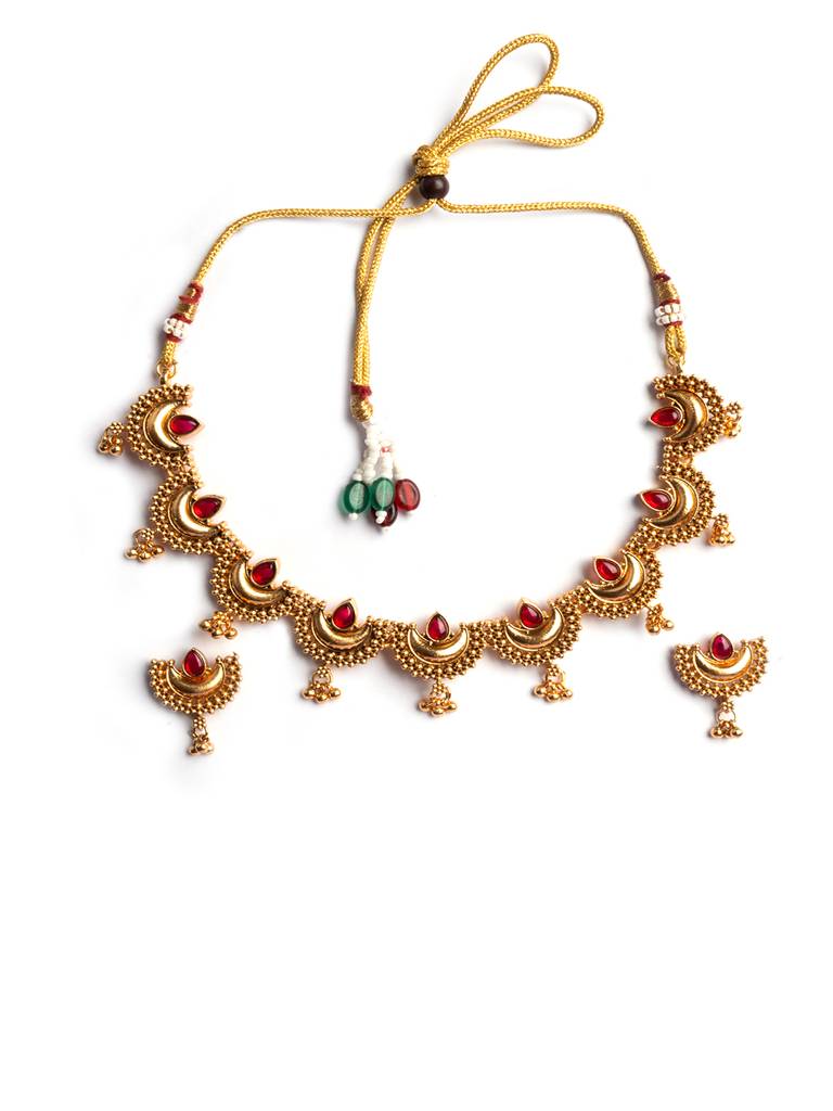 Gold Finish Half Moon Shape Necklace Set : SATJS347Red
