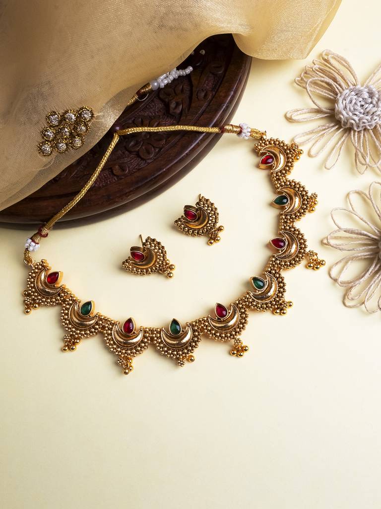 Gold Finish Half Moon Shape Necklace Set : SATJS347RedGreen