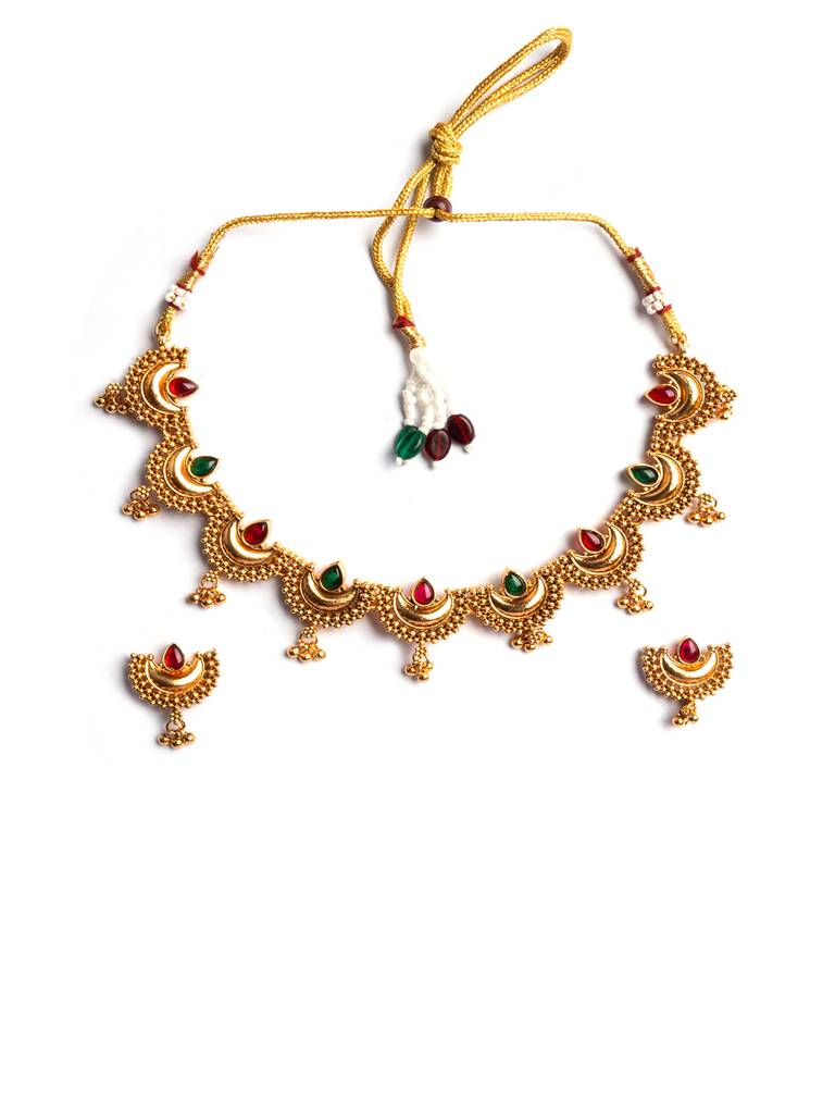 Gold Finish Half Moon Shape Necklace Set : SATJS347RedGreen