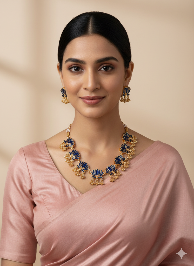 Divine Petal Inspired Necklace Set : SATJS357Blue