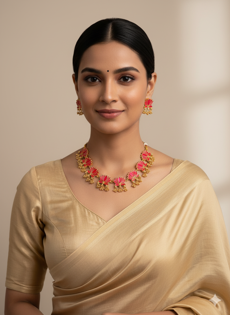 Divine Petal Inspired Necklace Set : SATJS357Red