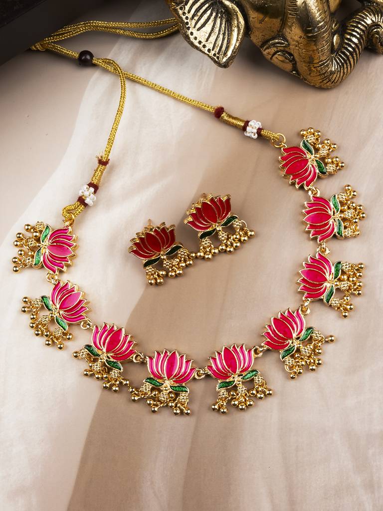 Divine Petal Inspired Necklace Set : SATJS357Red