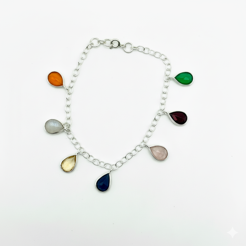 Pure 925 Silver Multi Stone Pear Cut Natural Gemstone Bracelet For Women : SB-07