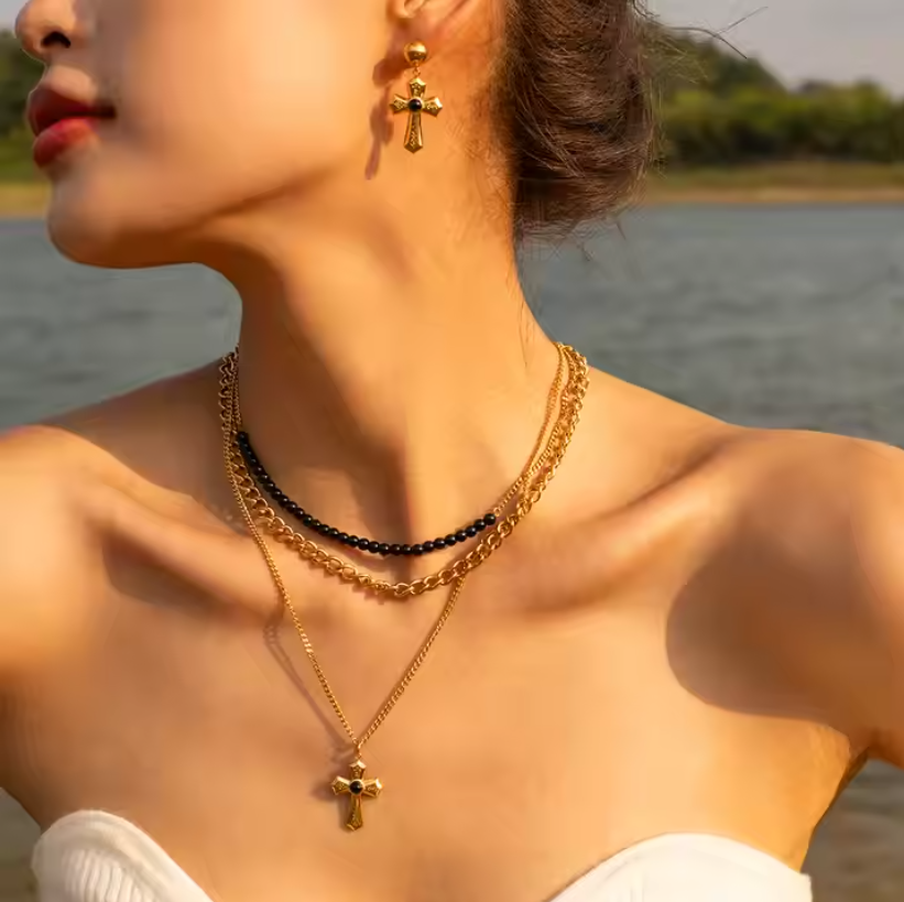 Gold Plated Daily Wear Cross Tiger Eye Stone Hanging Hoop Earring : JDE2308280
