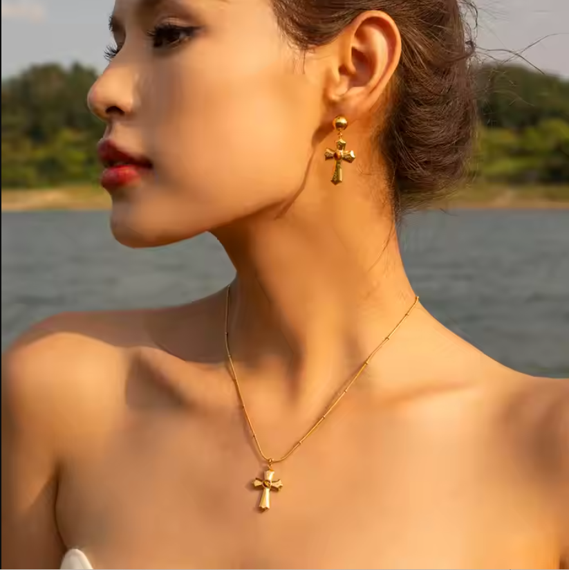 Gold Plated Daily Wear Cross Tiger Eye Stone Hanging Hoop Earring : JDE2308280