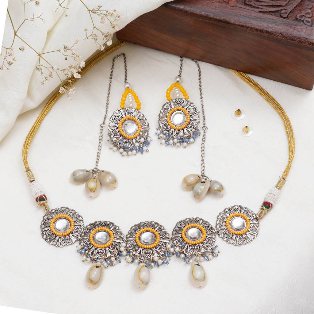 Royal Mirrorwork Oxidized Necklace And Earrings Set With Shells : ACN088