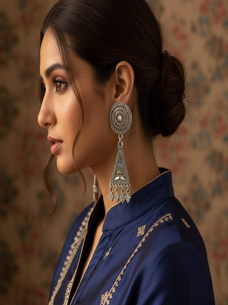 Oxidised Silver Refined Filigree Triangle Earrings Anti Allergenic For Women : SHBOMER320