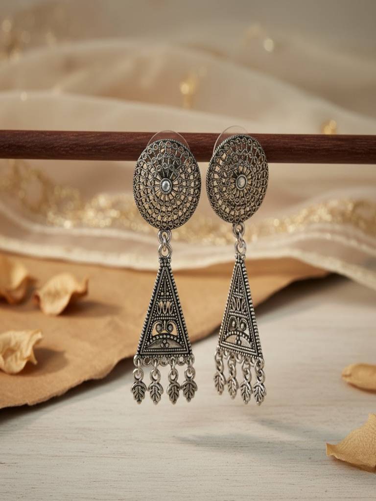 Oxidised Silver Refined Filigree Triangle Earrings Anti Allergenic For Women : SHBOMER320