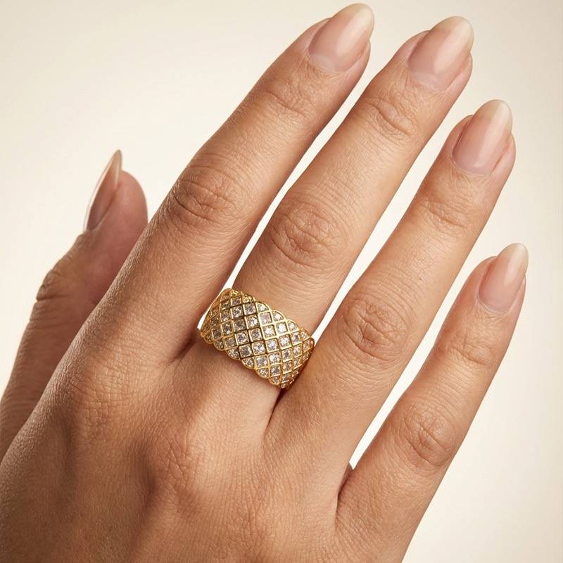 Gold Plated Adjustable Ring For Women & Girls : Siena Pave Grid Band Ring : SIENA-RING