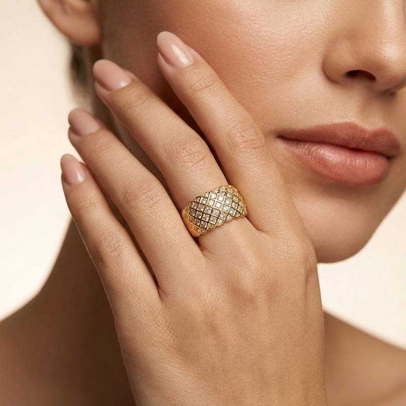 Gold Plated Adjustable Ring For Women & Girls : Siena Pave Grid Band Ring : SIENA-RING