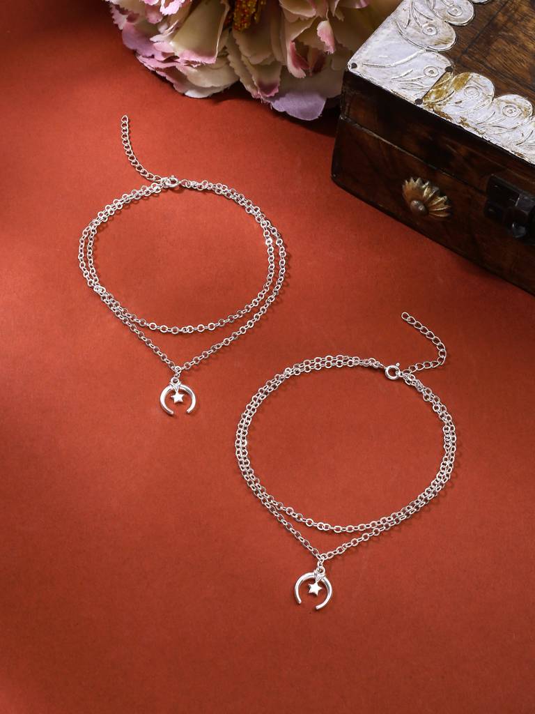 Kicky And Perky 925 Sterling Silver Moon And Star Pair Anklet : SILANKCH006