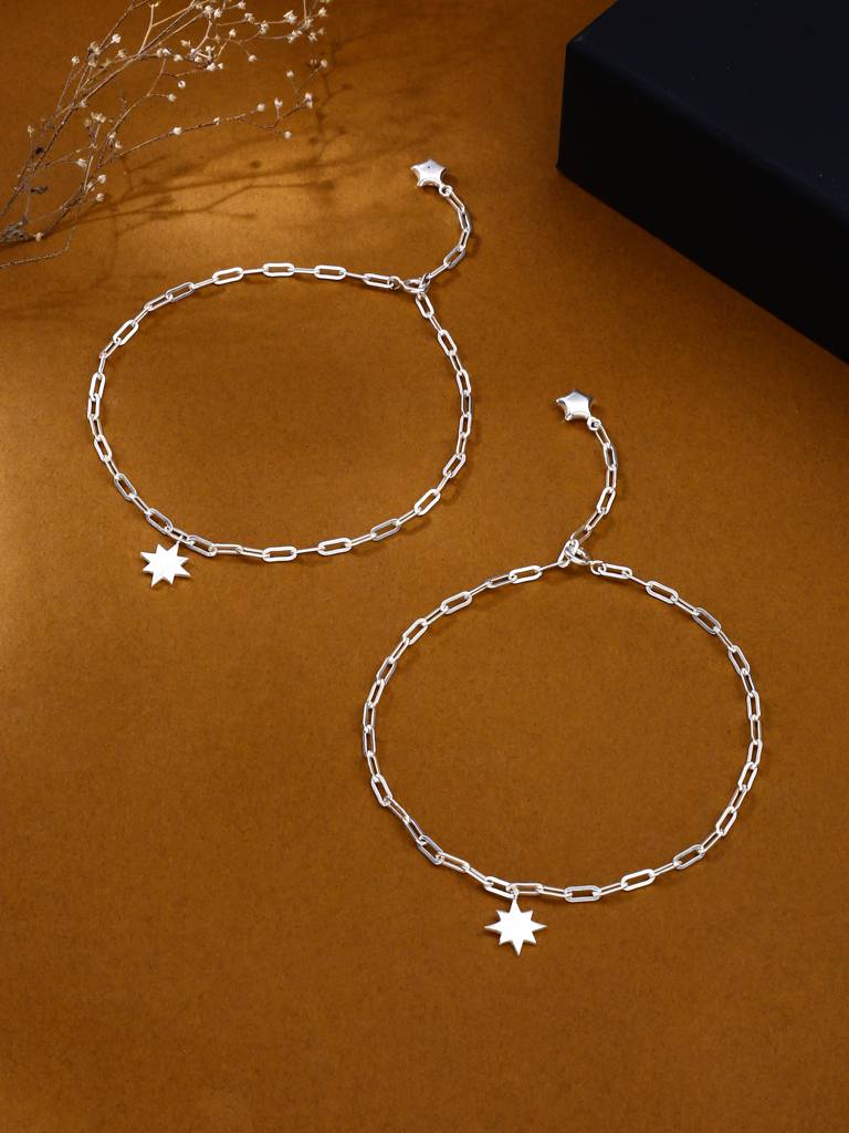 Kicky And Perky 925 Sterling Silver Star Pair Anklet : SILANKCH011