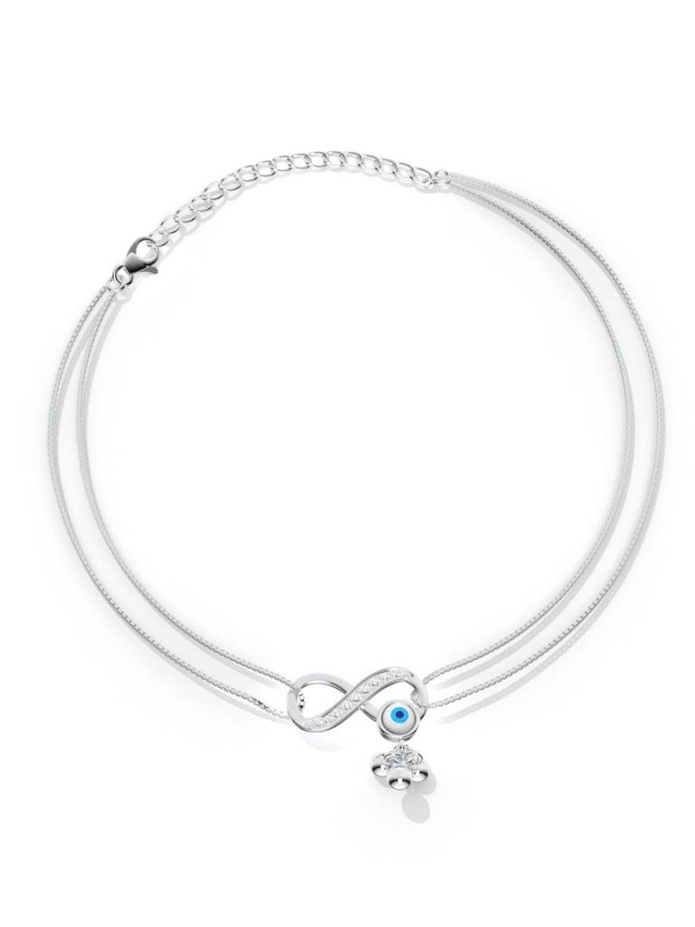 925 Sterling Silver Infinity Studded With Moissanite And Evil Eye Mop Anklet For Women : SILANKCH018