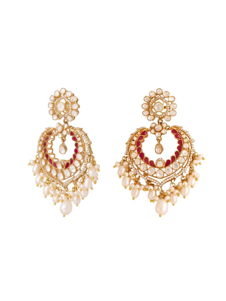 Kicky And Perky 925 Sterling Silver Gold Plated Red Talphe, Moissanite Polki, Moissanite With White Pearls Cha : SILCBE002