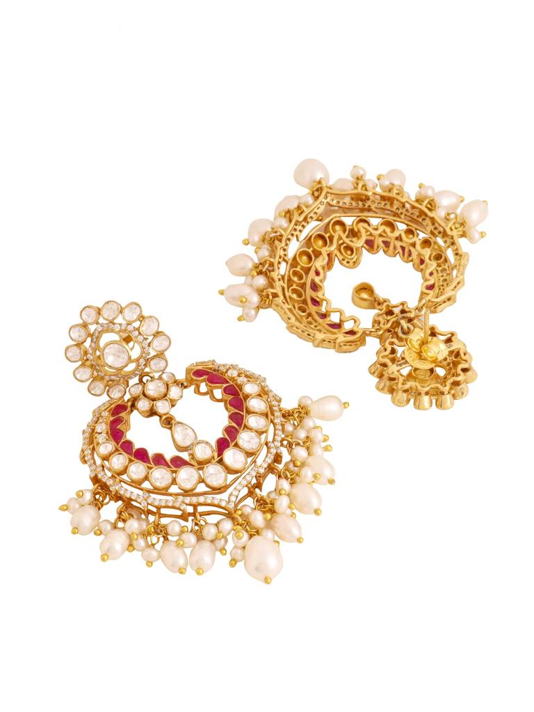 Kicky And Perky 925 Sterling Silver Gold Plated Red Talphe, Moissanite Polki, Moissanite With White Pearls Cha : SILCBE002