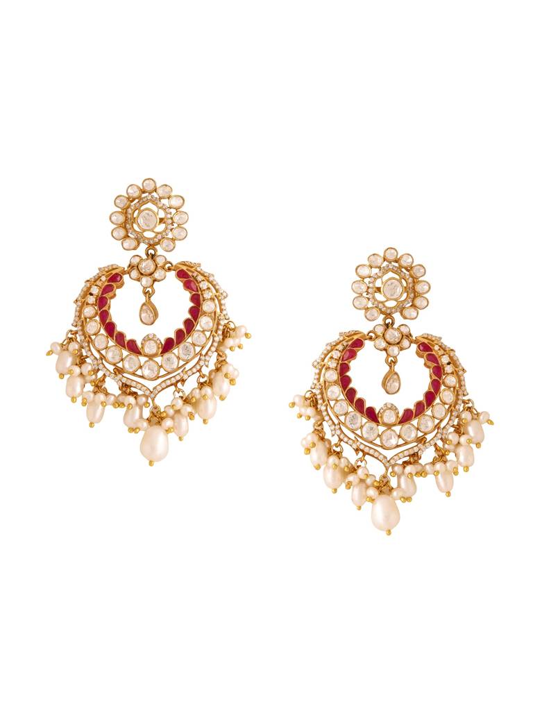 Kicky And Perky 925 Sterling Silver Gold Plated Red Talphe, Moissanite Polki, Moissanite With White Pearls Cha : SILCBE002