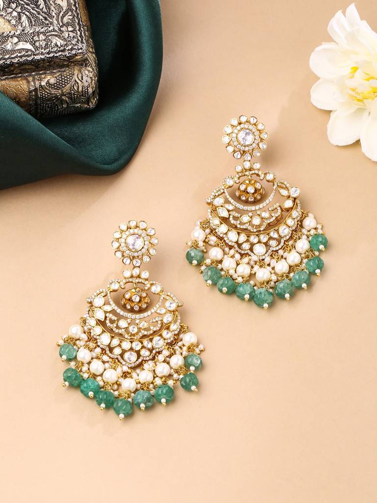 Kicky And Perky 925 Sterling Silver Gold Plated Moissanite Polki, Moissanite With Pearls And Green Melons Chan : SILCBE004